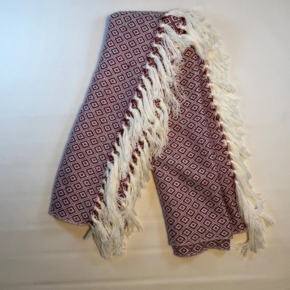 Tahari Home Burgundy White Diamond Geometric Woven Throw Blanket with Tassels